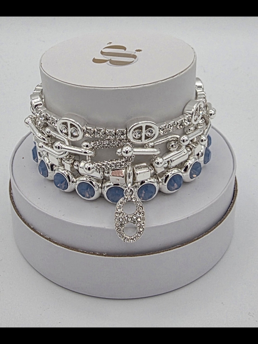 BP Silver Tone Blue Stone Stackable Bracelet Set with Pavé Accent